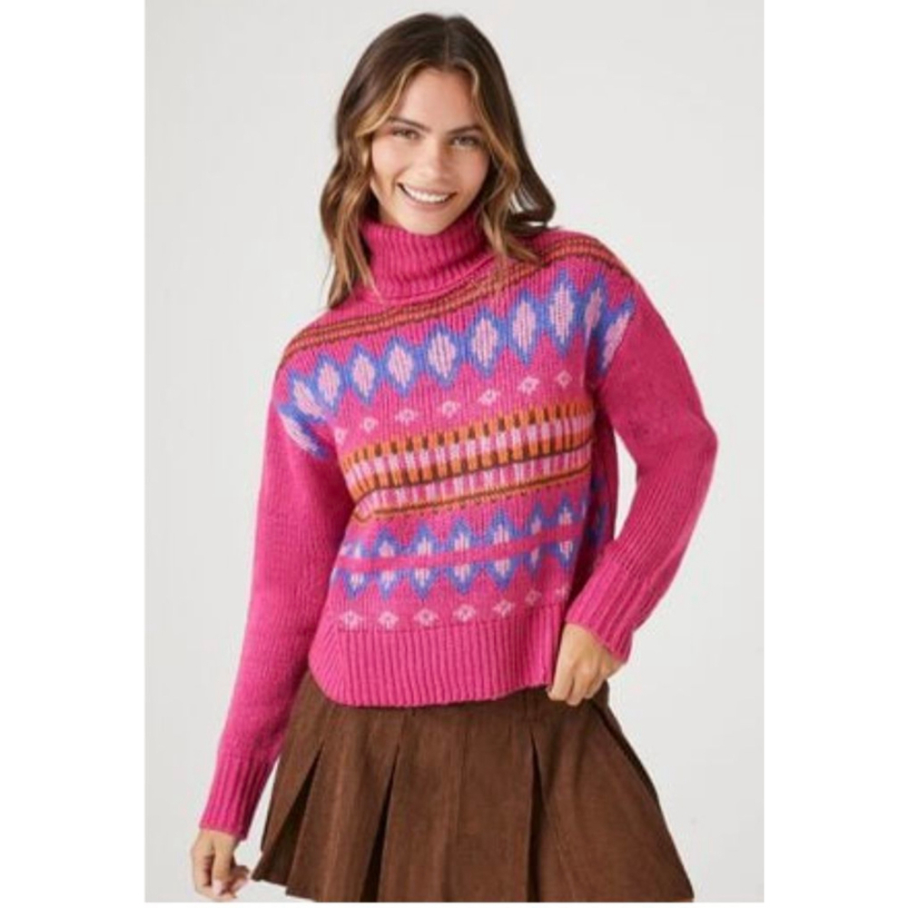 Women's Forever 21 Pink cropped very soft thick turtleneck fair isle Sweater S - Picture 1 of 5